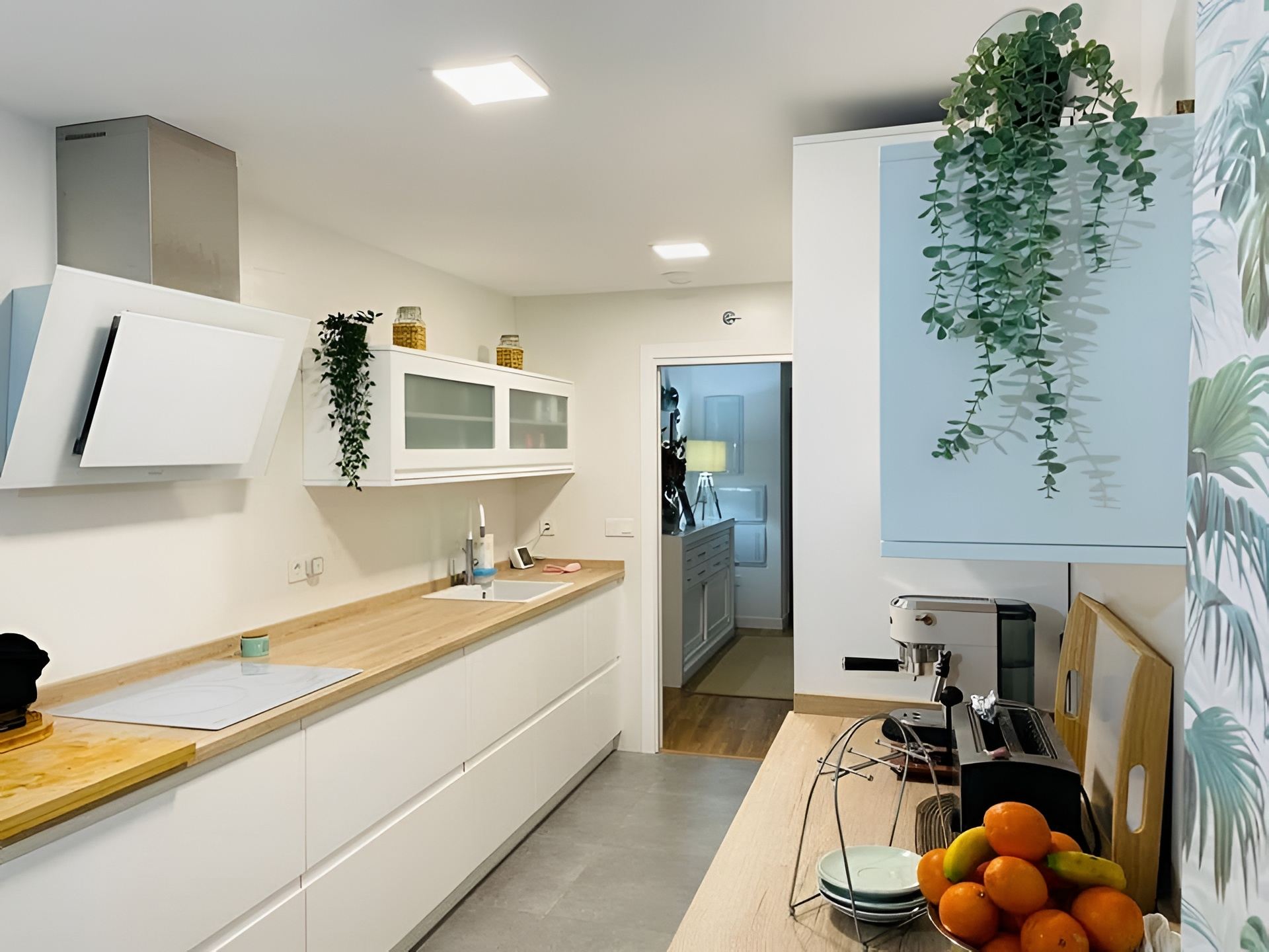 Cocina remodelada con muebles blancos, encimeras de madera y plantas por Cocinas Semar que actúa de hero en la web